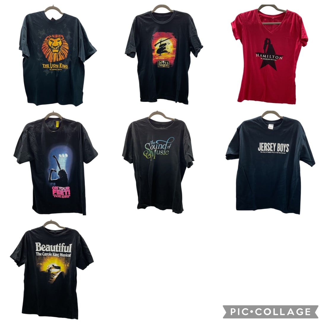 Collection of seven Broadway musical T-shirts: Collection of seven Broadway musical T-shirts featuring iconic productions: The Lion King, Hamilton, Miss Saigon,