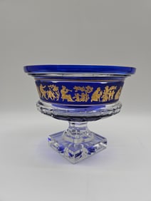 Val- Saint Lambert Belgian Crystal Cobalt Blue & Gilt Glass Tazza