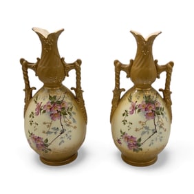 Pair of Hand-Painted Floral Porcelain Ewers