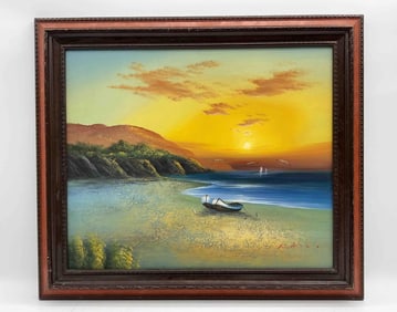 Coastal Sunset with Boat signed by artist unknown