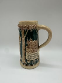 Vintage German Beer Stein with Forest Lodge Scene & German Verse, Cobalt and Cream