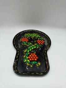 Russian Folk Art Hand-Painted Black Metal Tray, Khokhloma Style, Berry Motif