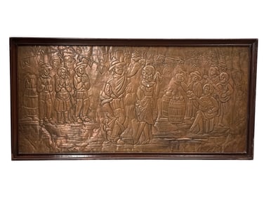 Large Chilean Repoussé Copper Wall Panel Depicting Biblical / Historical Scene, Framed