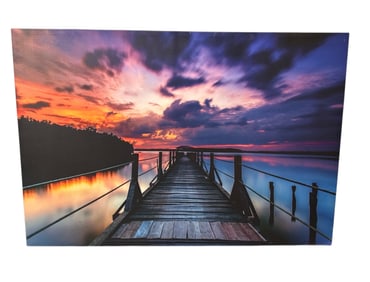 Large Contemporary Sunset Pier Landscape Wall Art Photograph, Dramatic Sky Over Water