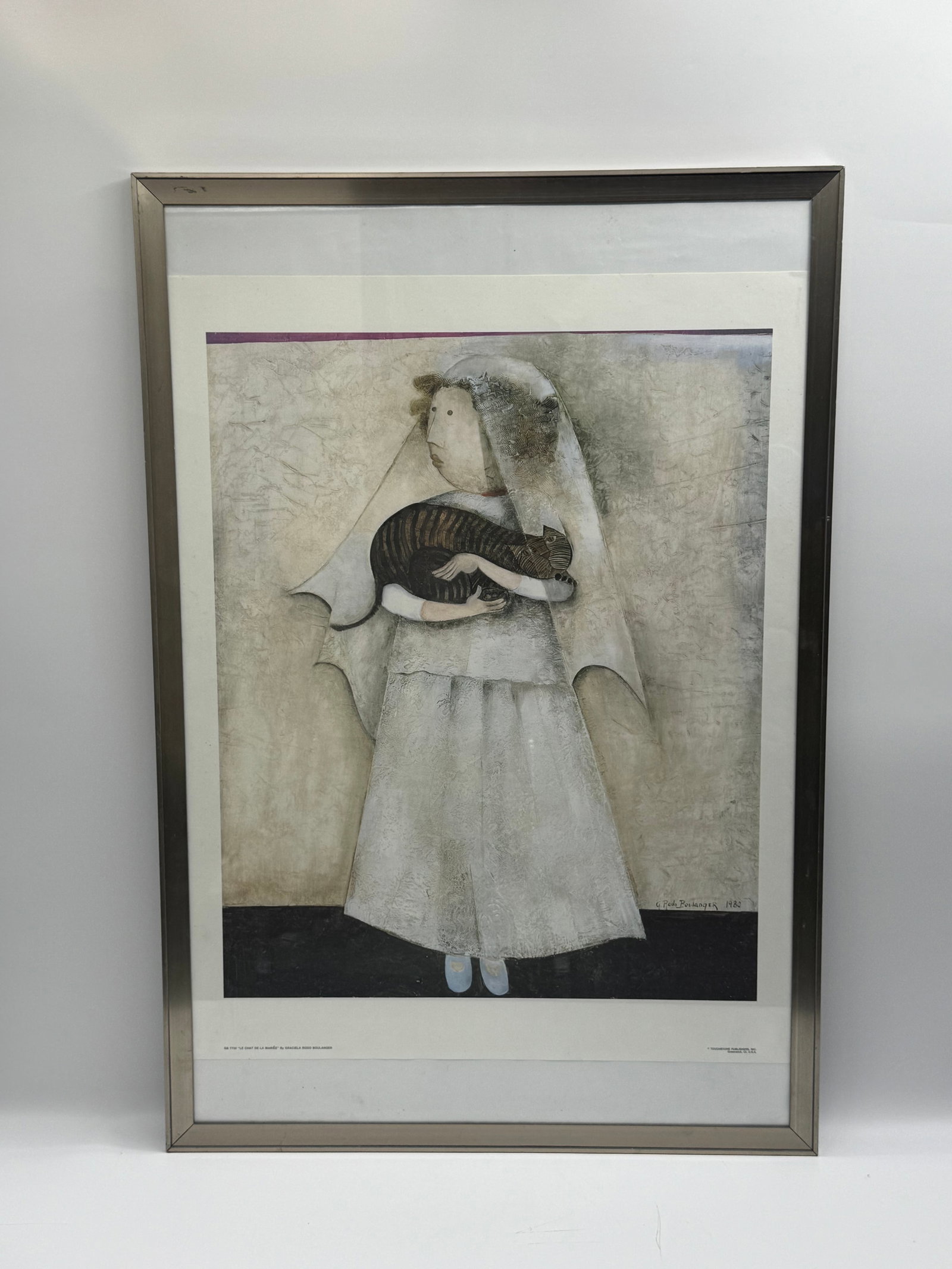 G. Podo Boulanger Painting, Child with Cat, 1980: G. Podo Boulanger, painting, dated 1980. Features a child holding a cat. Framed. Signed in the upper right corner. Dimensions: Frame: 34 inches x 26 inches.