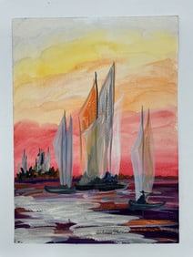 Watercolor Painting, Sailboats at Sunset, Signed