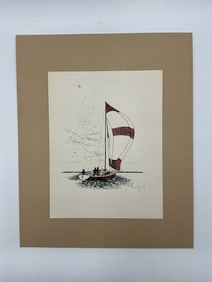 Sailboat Drawing, Ink and Watercolor, Signed, '85