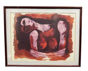 Reclining nude by Oswaldo Guayasamin (Ecuador, 1919-1999) Watercolor