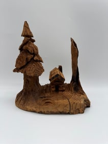 Carved Wood Landscape Sculpture, Signed
