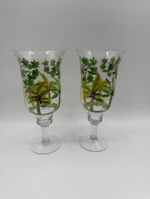 Pair of Palm Tree Decorated Glass Hurricanes