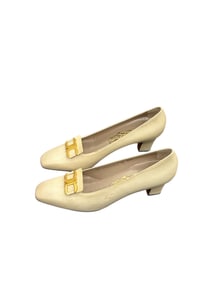 Salvatore Ferragamo Beige Leather Pumps with Gold Hardware, Italy, in Original Box
