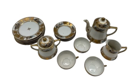 Vintage Japan Hand-Painted Porcelain Tea Set with Scenic Gilt Decoration
