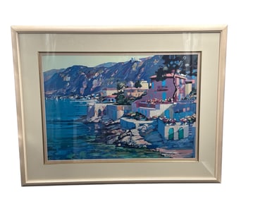 Howard Behrens Coastal Village Framed Art Print – Mediterranean Harbor Scene, Impressionist Style