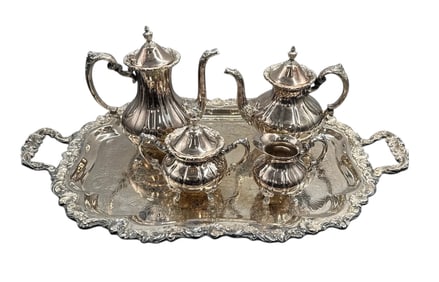 Vintage Leonard Silver Plate 5-Piece Tea & Coffee Service with Large Serving Tray