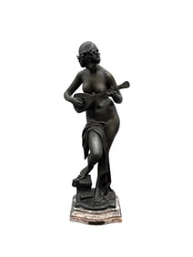 Julien Caussé Bronze Sculpture “La Musique?? Signed French Art Nouveau Figure on Marble Base