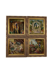 Set of Four Framed Needlepoint Panels with Architectural & Garden Scenes, Decorative Textile Art