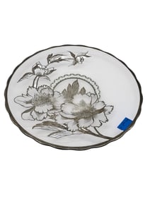 Vintage Black & White Floral Ceramic Charger Plate, Hand-Decorated