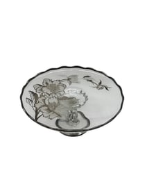 Vintage Floral Pedestal Compote Dish with Black Rim – Glass Serving Bowl