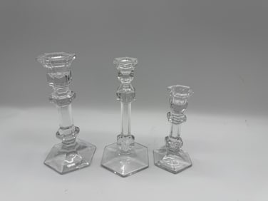 Set of Three Clear Glass Candlestick Holders