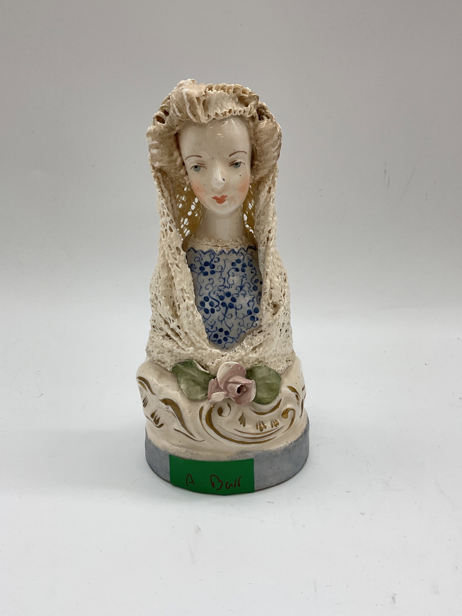 Antique Cordey China Company Lace Draped Lady Bust Figurine signed: Delicate vintage porcelain bust of a woman with an intricate lace-patterned shawl, blue floral dress, and soft hand-painted facial features. Accented with a pink flower at the base. Markings visible o
