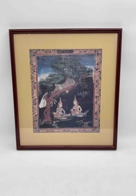Framed Thai Buddhist Textile Art: Figures Under Tree