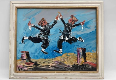Folk Dancers in Mid-Air by Morris Katz (Polish/American, 1932-2010) OIl on Board