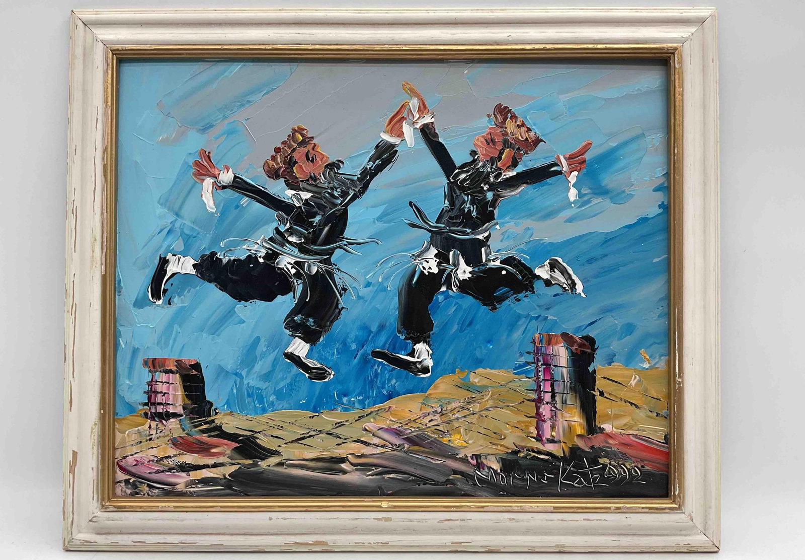 Folk Dancers in Mid-Air by Morris Katz (Polish/American, 1932-2010) OIl on Board: Description: Vibrant palette knife painting depicting two folk dancers leaping energetically against a bright blue sky, rendered in bold, textured strokes. About the artist: Morris Katz was a Jew