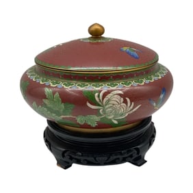 Chinese Cloisonné Lidded Jar on Stand
