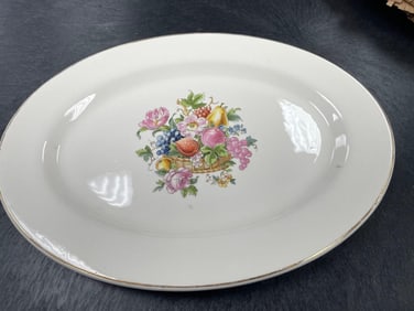Bakerite USA Oval Serving Platter with Floral Fruit Basket Design