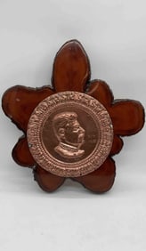 Vintage Soviet Copper Relief Plaque on Wooden Mount