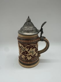 Vintage German Lidded Beer Stein with Cream Vinework on Brown Ground, c. Mid-20th Century
