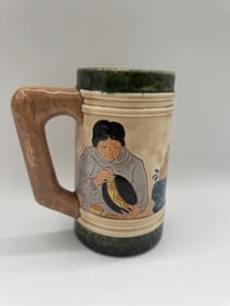 Vintage Pottery-Themed Ceramic Stein with Artisan Figure, Relief Decor