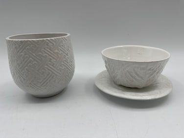 White Ceramic Cup, Bowl, and Saucer Set