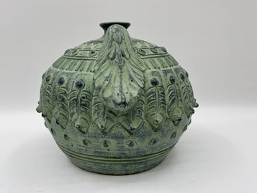 Vintage Green Glazed Pottery Vessel with Feather Motif