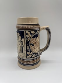 Vintage German-Style Beer Stein with Tavern & Cottage Scenes, Cobalt and Cream Relief