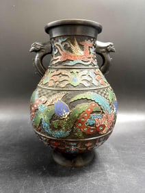 Antique Chinese Cloisonné Bronze Vase with Dragon and Phoenix Motifs