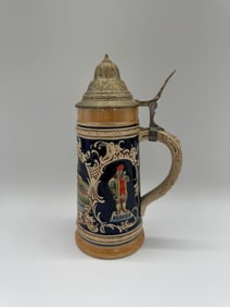 Vintage German Lidded Beer Stein with “Paris?? Figure, Cobalt Ground, Relief Decoration