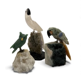 Four Carved Stone Bird Figures on Mineral Bases