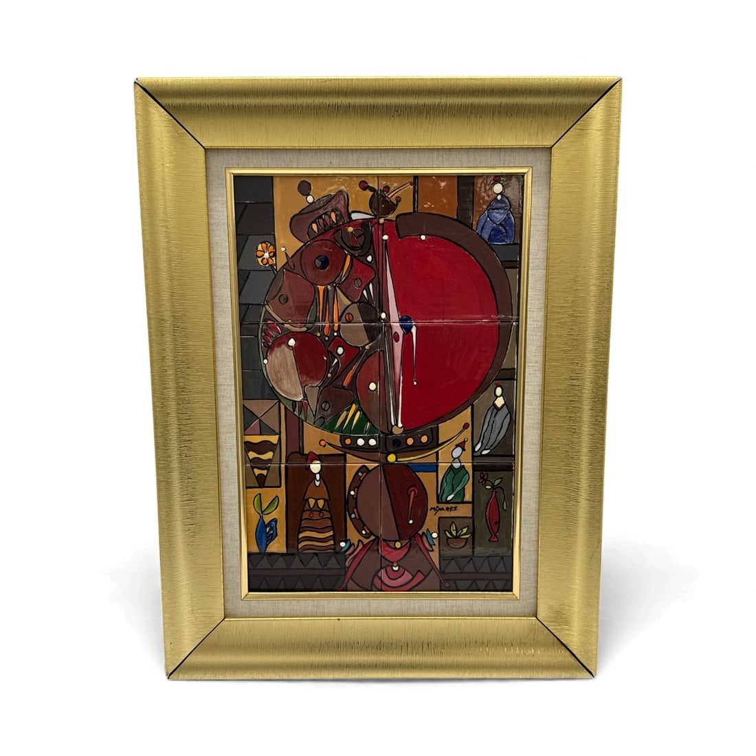 Mijares Abstract Ceramic Tiles, Framed: Abstract painting signed 'Mijares', featuring geometric shapes and figures in a colorful composition. Framed. H:25in L:19in