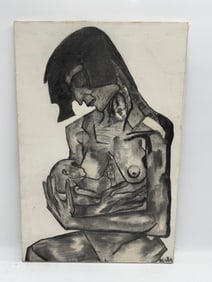 Abstract Charcoal Drawing on Canvas, Signed TrisHa