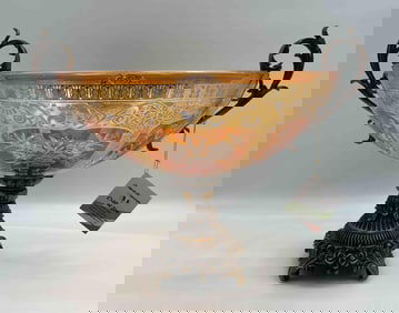 Cristal Line Italian Handcrafted Etched Glass and Metal Pedestal Bowl