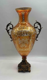 Cristal Line Murano Style Handcrafted Glass Vase with Ornate Metal Base