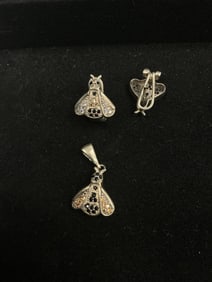 Sterling Silver 925 Bee Motif Earrings & Pendant Set
