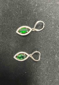 Sterling Silver 925 Earrings with Synthetic Green Stone & CZ Halo – 1.5", 5.26g