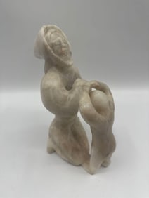 Hand-Carved Stone Sculpture of a Bearded Man with Child