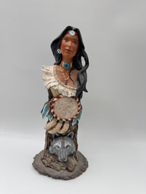 Native American Style Woman Bust Sculpture with Wolf