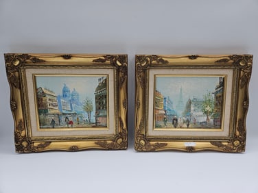 Pair of Burneta Parisian Street Scene Oil Paintings