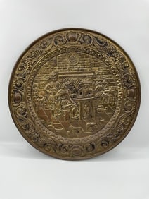 Large Embossed Brass Wall Charger with Tavern Scene