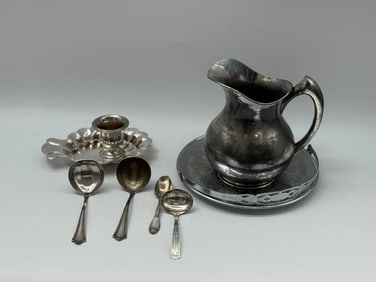 Forbes Silver Co. Quadruple Plate Pitcher, Plate, and Assorted Spoons