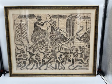 Traditional Battle Scene Antique Cambodian Rubbing